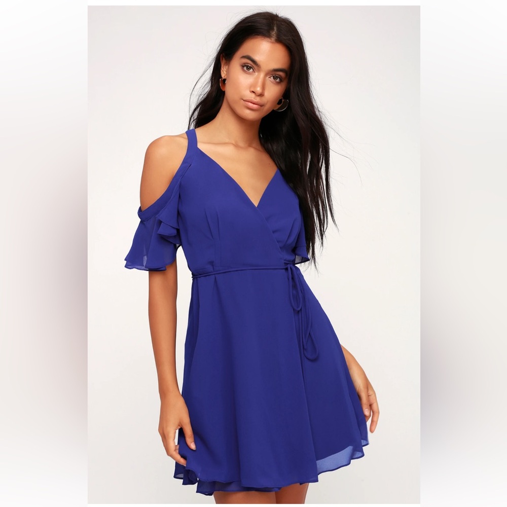 Lulus Bombshell Royal Blue Off-the-Shoulder Wrap Dress size small